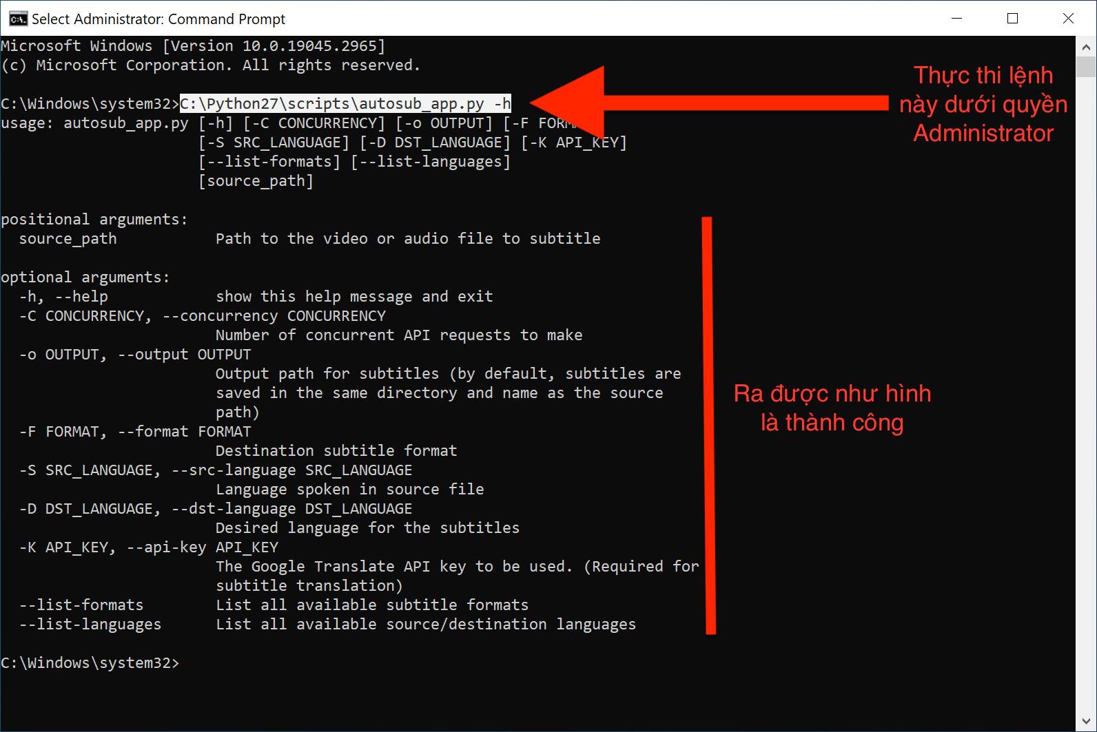 Autosub help output