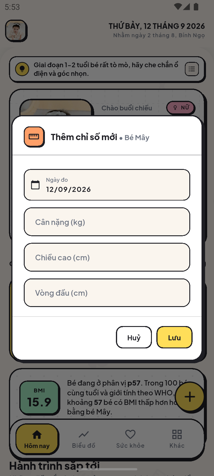 Dialog thêm số đo