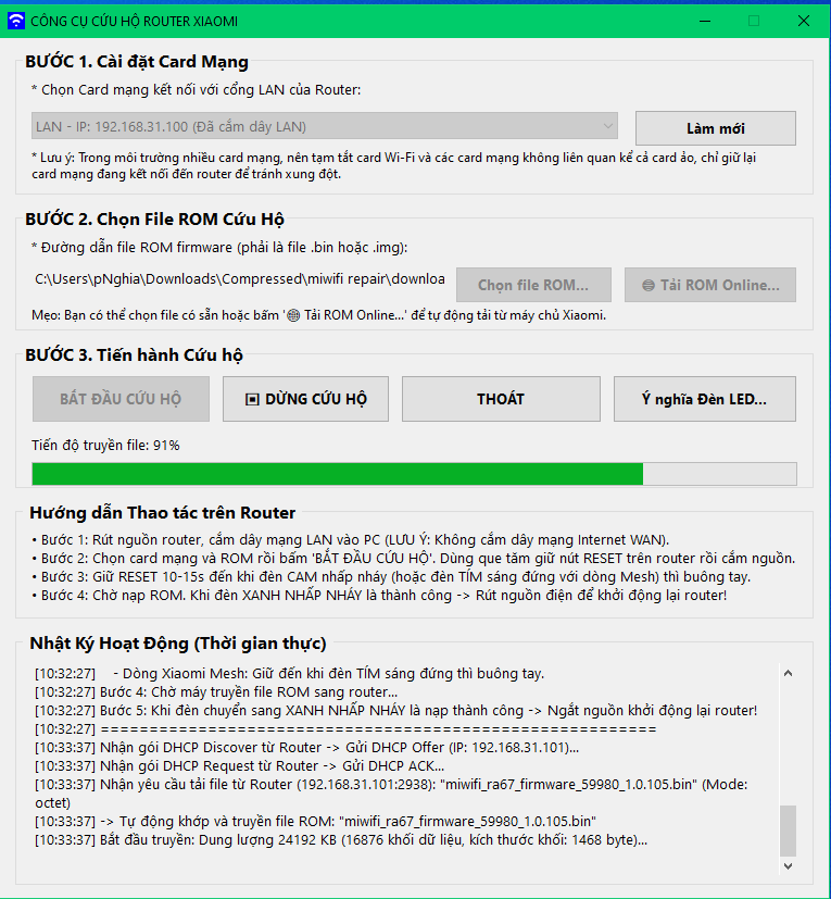 Quá trình truyền file ROM đang diễn ra thời gian thực