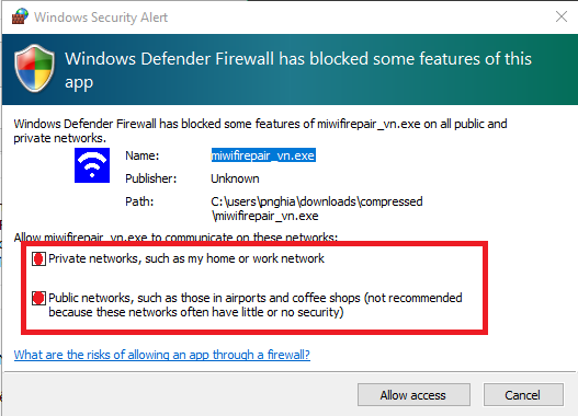 Tick chọn cả 2 dòng để mở tường lửa Windows cho tool